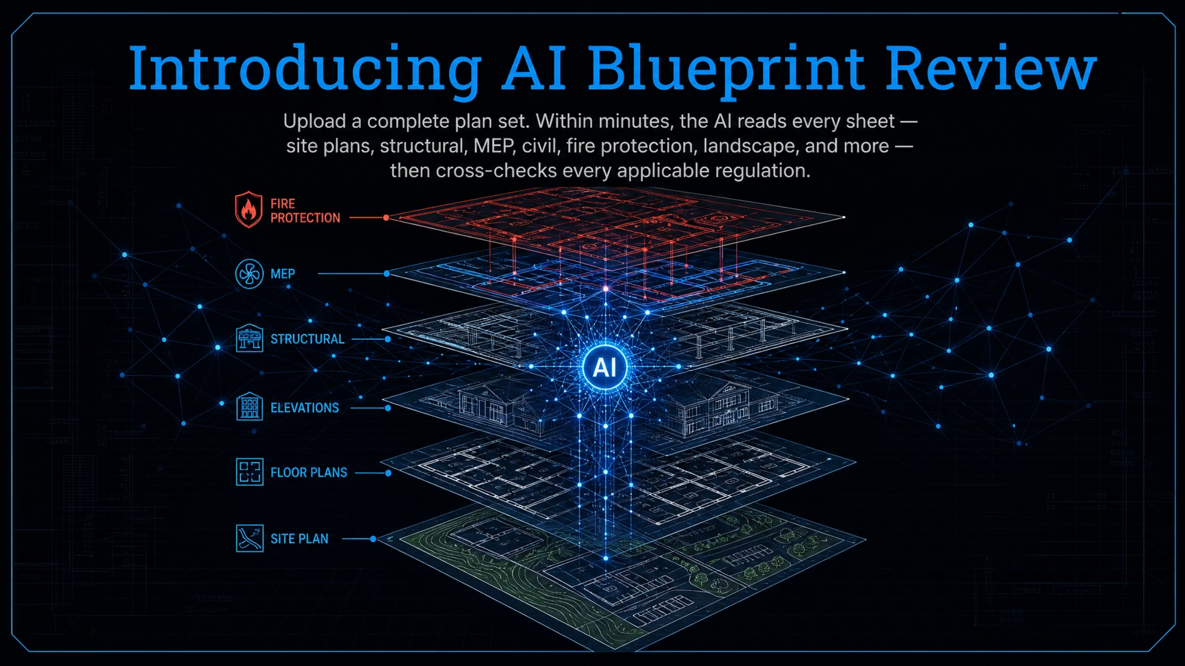 Building Intelligence AI-powered blueprint review presentation cover.